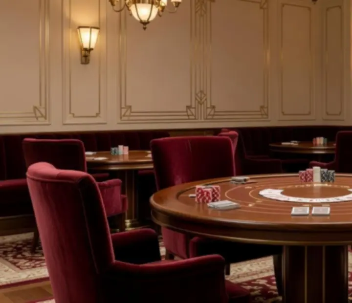 Elegancki Casino Lounge w stylu art deco z burgundowymi fotelami, stołami do gier i mosiężnym oświetleniem.