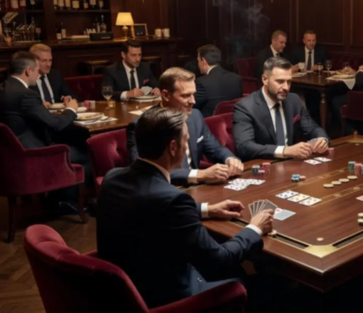 Elegancki Casino Lounge z pokerowym stołem, ruletką i miejscami do siedzenia w burgundowej tapicerce.