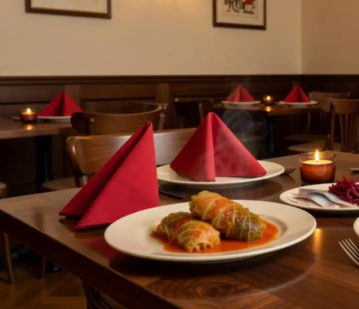 Elegancka polska kolacja serwowana w restauracji Czerwony Stół, na kremowym obrusie z burgundowymi akcentami.