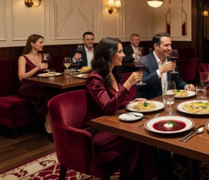 Elegancka sala restauracyjna podczas wieczornej kolacji, z burgundowymi sofami i gośćmi przy orzechowych stołach.
