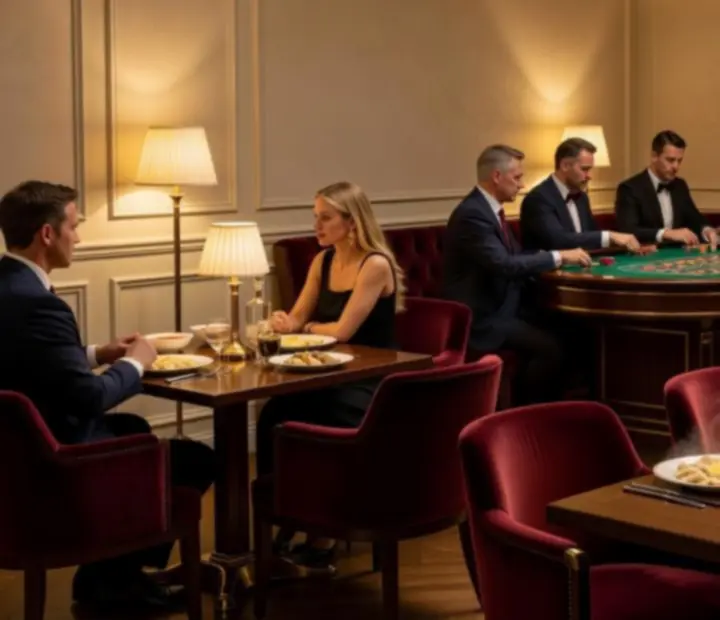 Jasne, kremowe wnętrze restauracji Czerwony Stół z burgundowymi fotelami, stołem pokerowym i eleganckim oświetleniem z mosiądzu.
