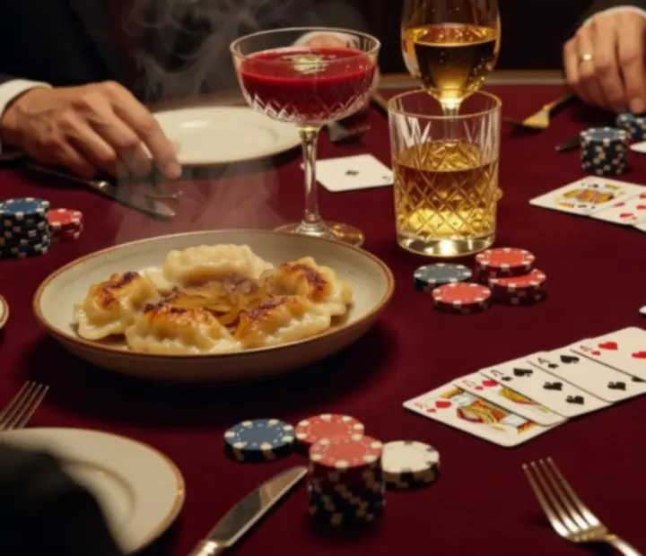 Stół pokerowy z kolacją i kieliszkami w eleganckim otoczeniu