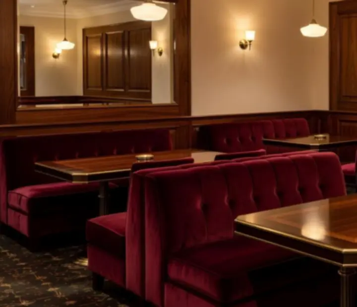 Eleganckie wnętrze Lounge Casino Brav Qelia z kremowymi ścianami, bordowymi sofami i stołem do gry