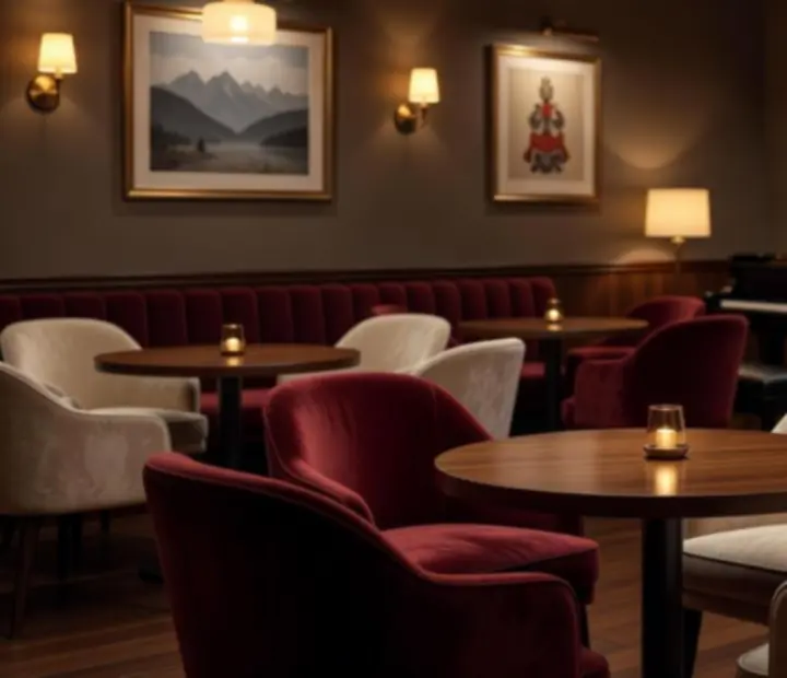 Strefa lounge i cocktail bar z okrągłymi stolikami i miękkimi fotelami w restauracji Czerwony Stół.