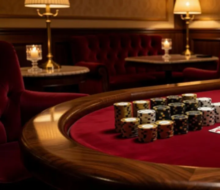 Pokerowy stół w Lounge Casino Brav Qelia z kartami i żetonami