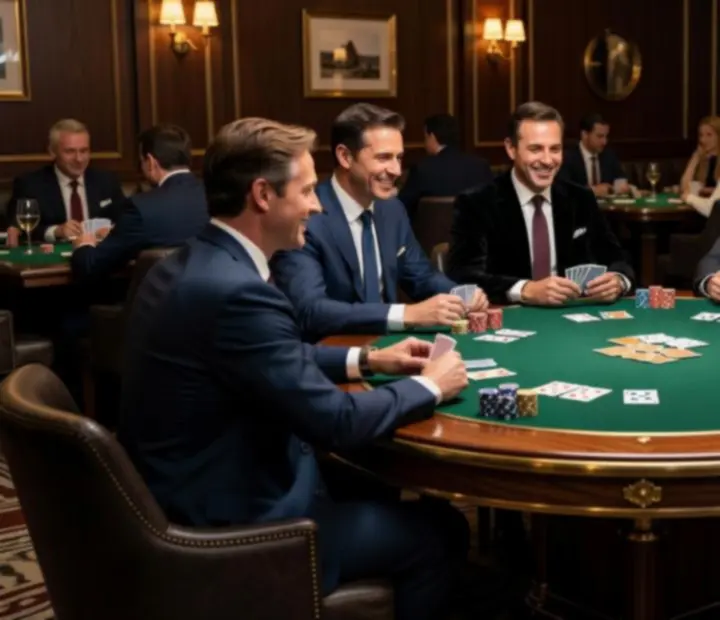 Stół pokerowy w restauracji, przy którym goście grają towarzysko po eleganckiej kolacji.