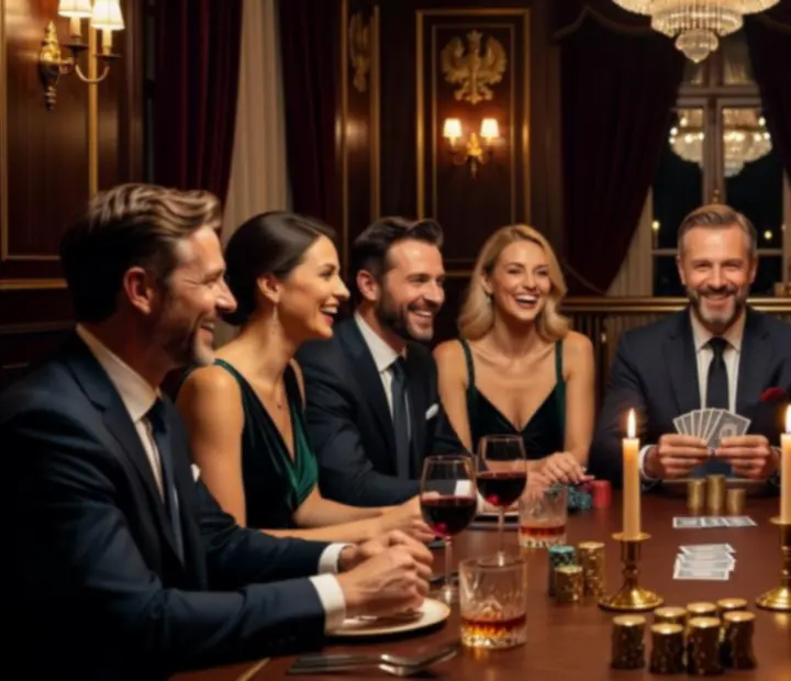 Goście przy pokerowym stole, karty, żetony i kieliszki w ciepłym świetle