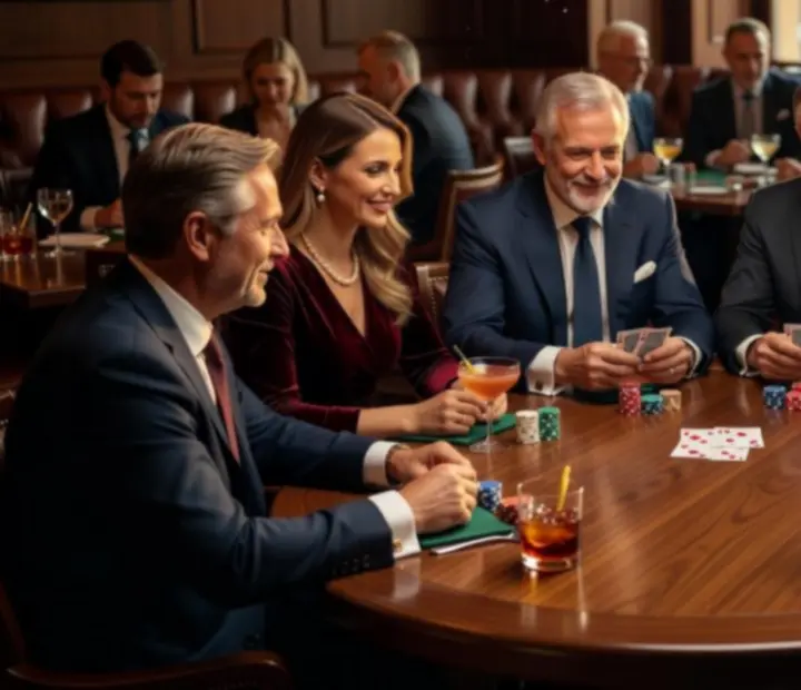 Goście siedzący przy pokerowym stole w eleganckiej restauracji, z kieliszkami wina i talią kart.
