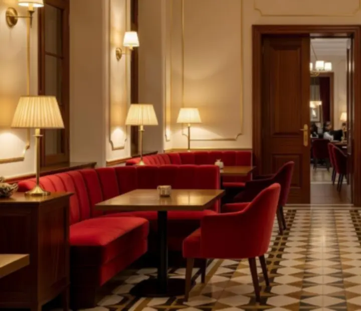 Powitanie w eleganckim wnętrzu restauracji Czerwony Stół z kremowymi ścianami i burgundowymi tkaninami.