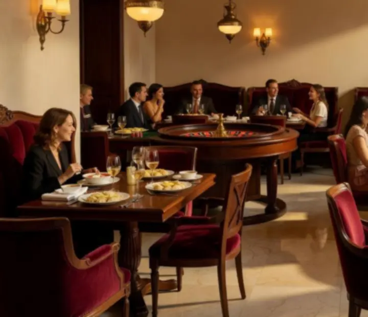 Jasne, eleganckie wnętrze restauracji Czerwony Stół z kremowymi ścianami, orzechowymi stołami, burgundową tapicerką i stołem pokerowym w tle.