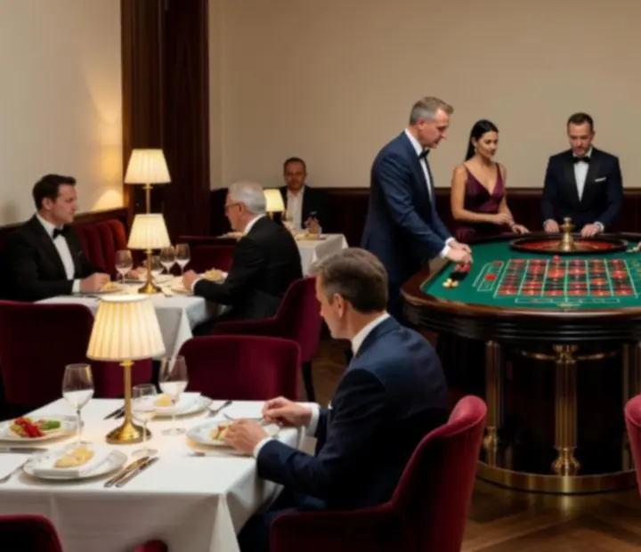 Elegancki stolik ruletkowy w jasnym wnętrzu restauracji z kremowymi ścianami i bordową tapicerką