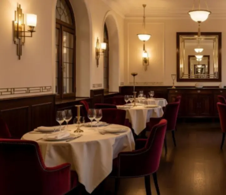 Wieczorne wnętrze restauracji z kremowymi ścianami, ciemnym drewnem, burgundową tapicerką i mosiężnym oświetleniem.