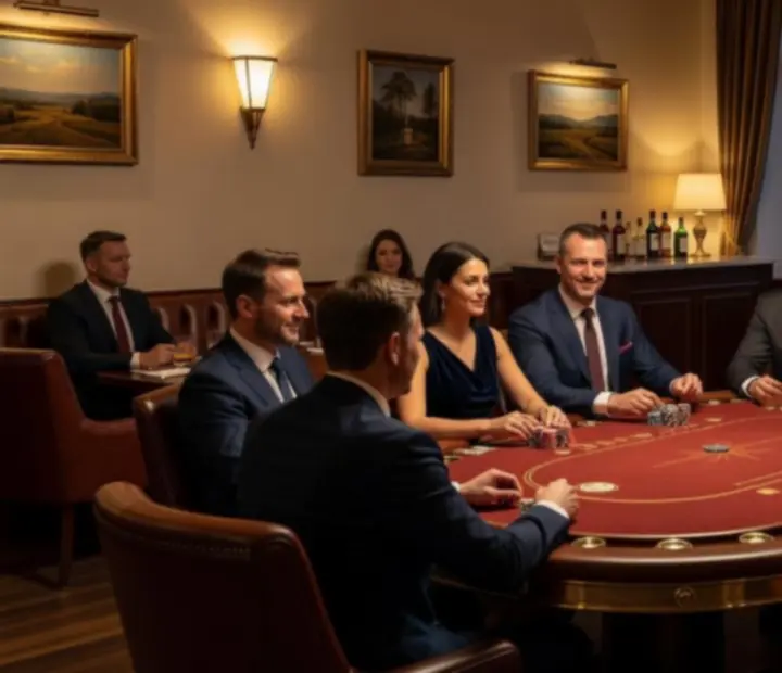 Eleganckie stoły pokerowe w salonie restauracji Czerwony Stół na tle kremowych ścian i burgundowych detali.