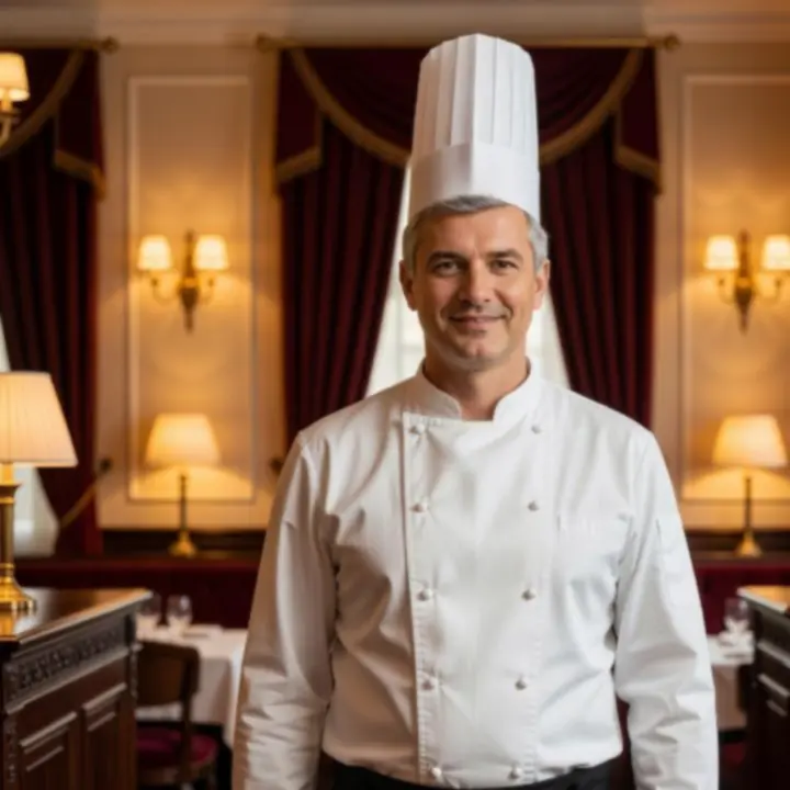 Szef kuchni polskiej restauracji Czerwony Stół w eleganckiej, jasnej kuchni z burgundowym fartuchem.
